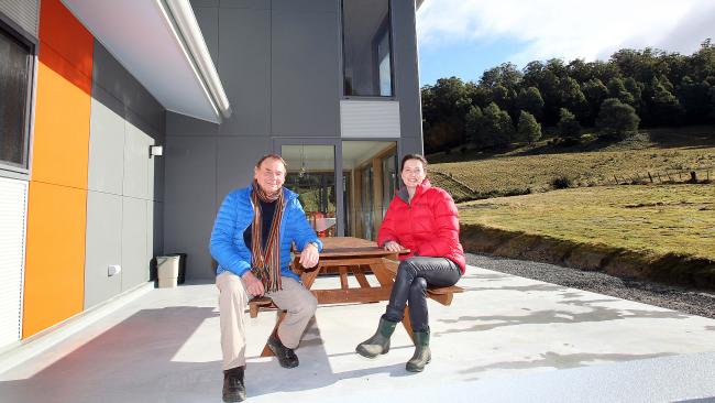 Mountain River sustainable home owner Liz O'Leary (right) with architect Detlev Geard. Picture: ROGER LOVELL